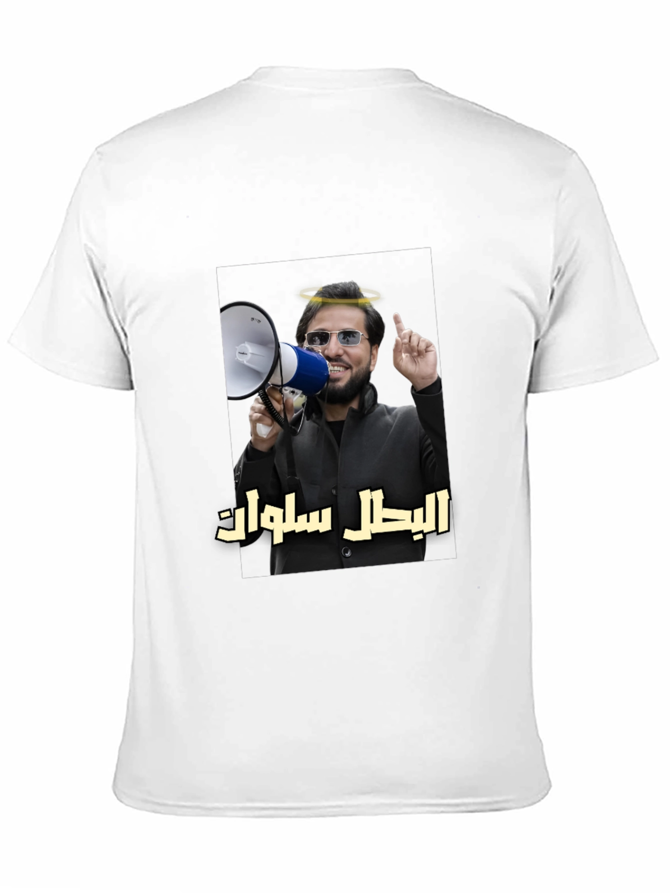 Novelty T-Shirt with Angel Halo Megaphone Graphic