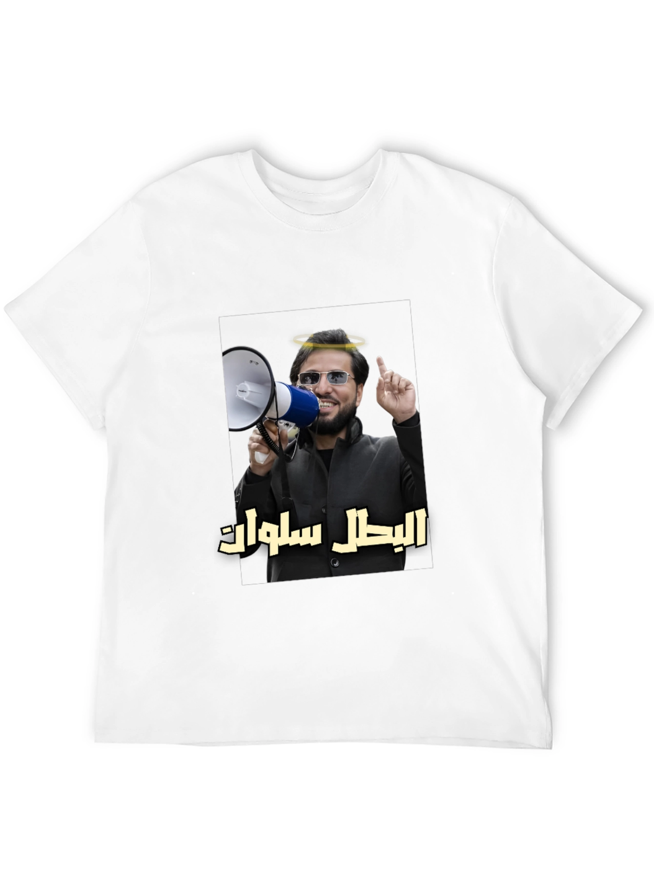 Novelty T-Shirt with Angel Halo Megaphone Graphic