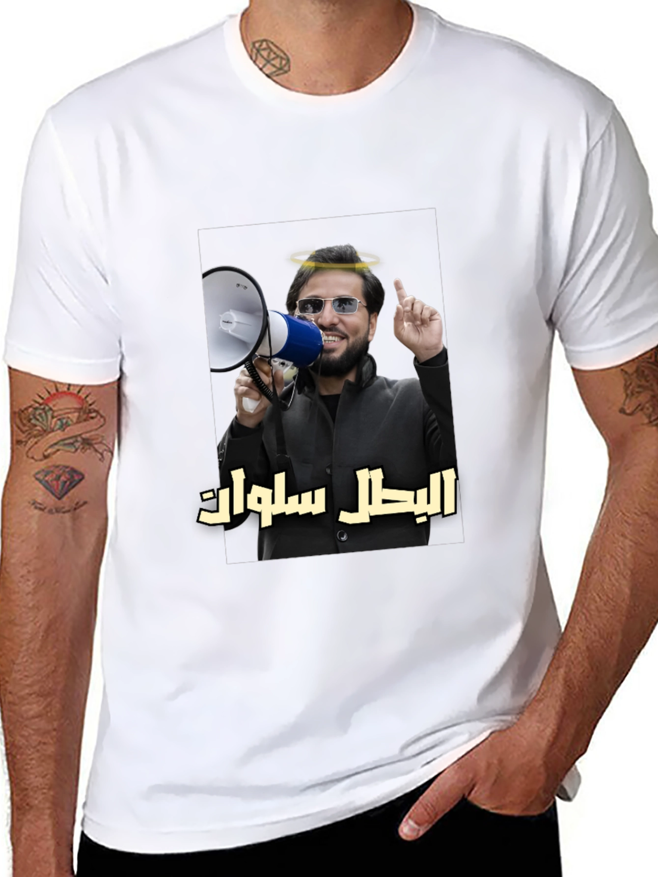 Novelty T-Shirt with Angel Halo Megaphone Graphic