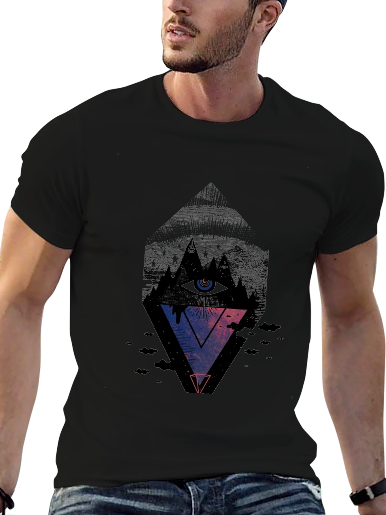 Mens Black Graphic Tee - Eye Pyramid Design