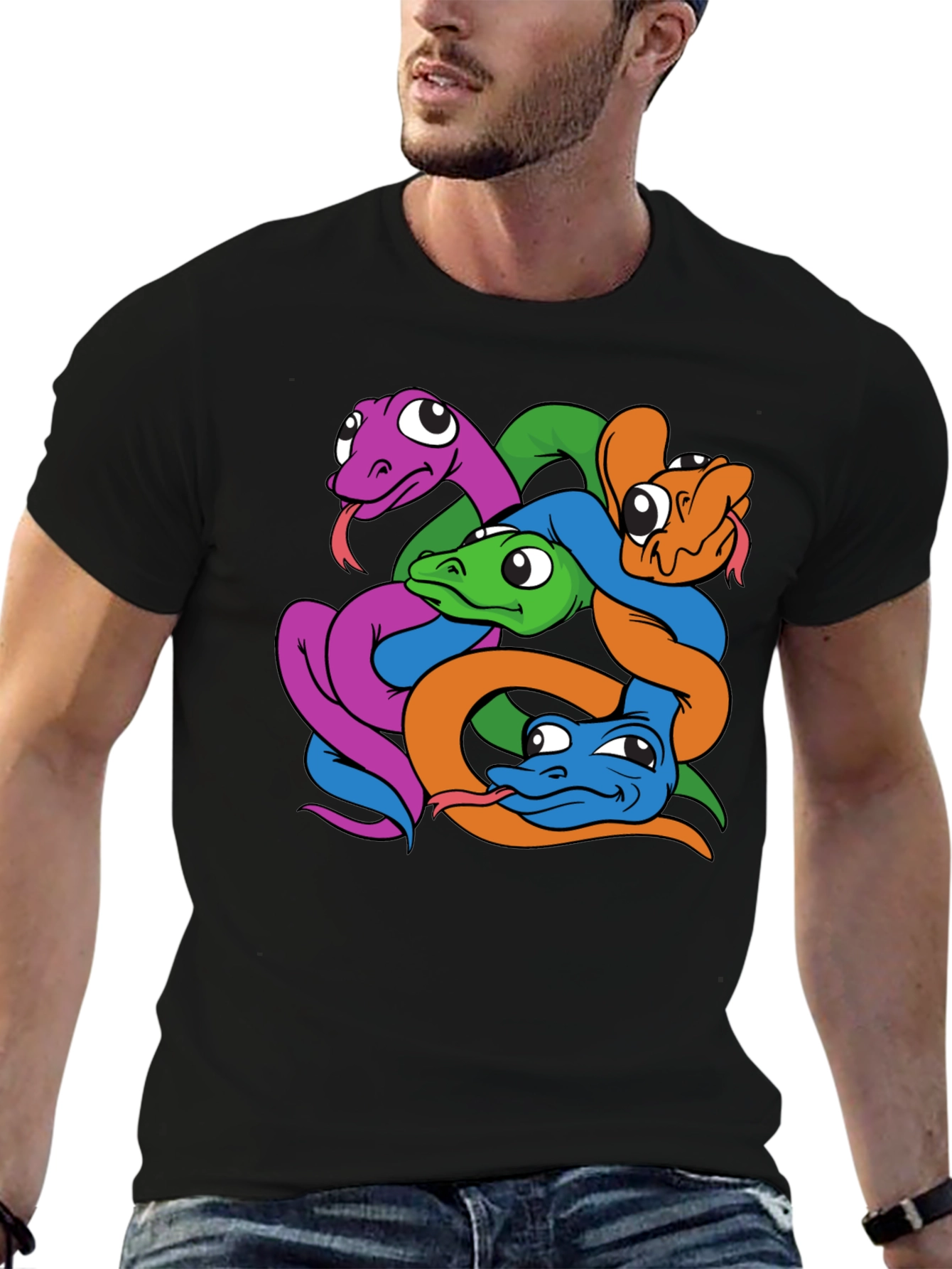 Snakes Cartoon Graphic Print Mens Black T-Shirt