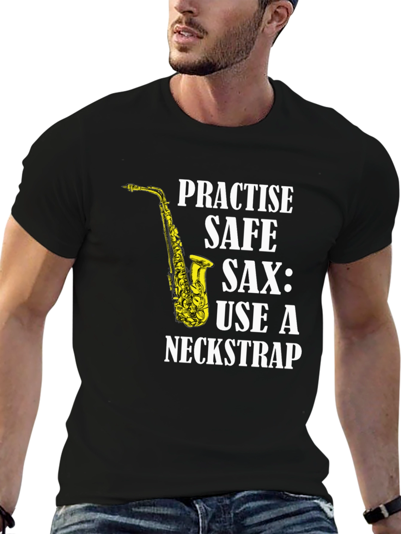 Practise Safe Saxophone T-Shirt - Use a Neckstrap