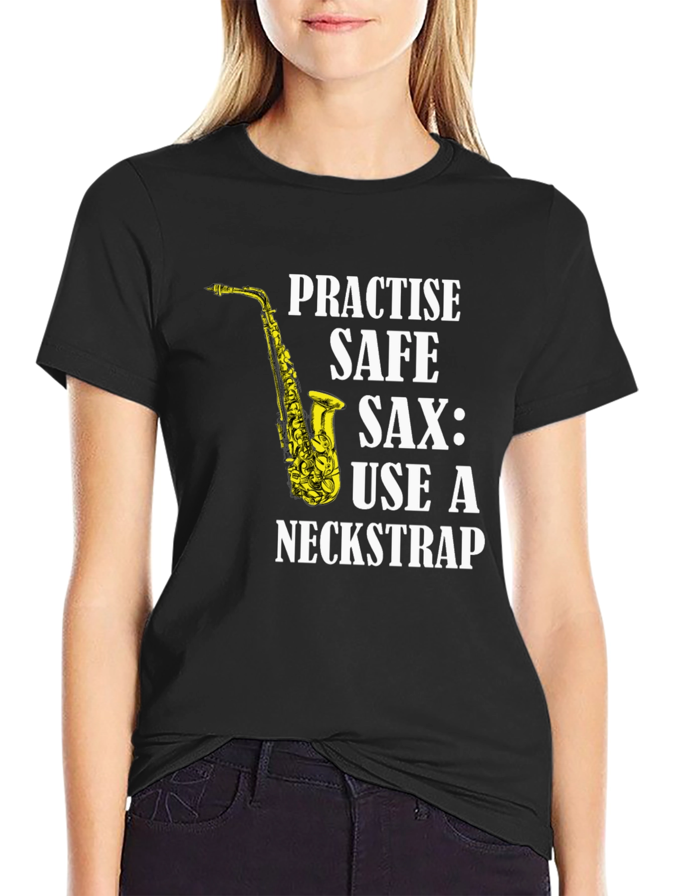 Practise Safe Saxophone T-Shirt - Use a Neckstrap