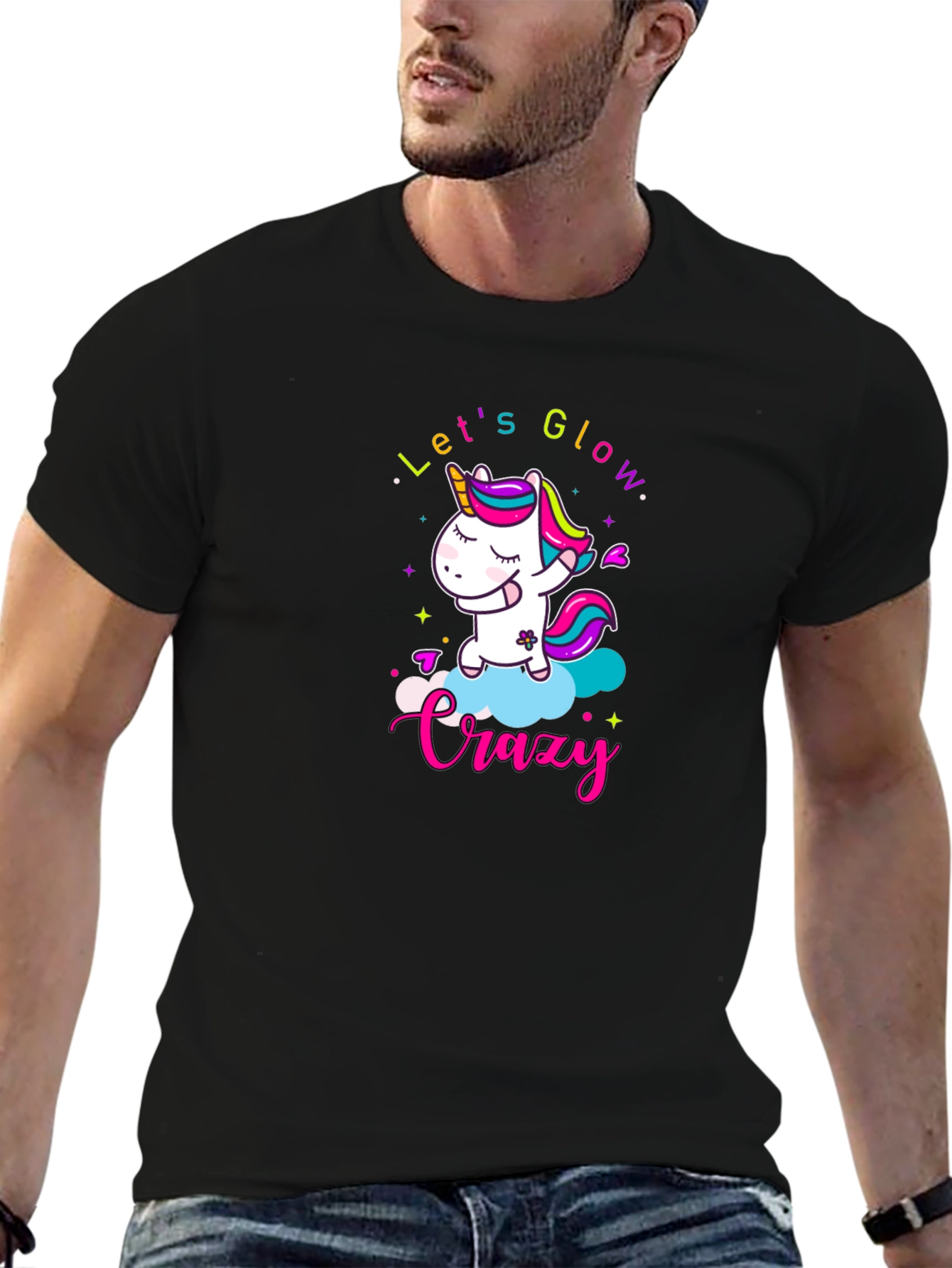 Lets Glow Crazy Unicorn Black T-Shirt