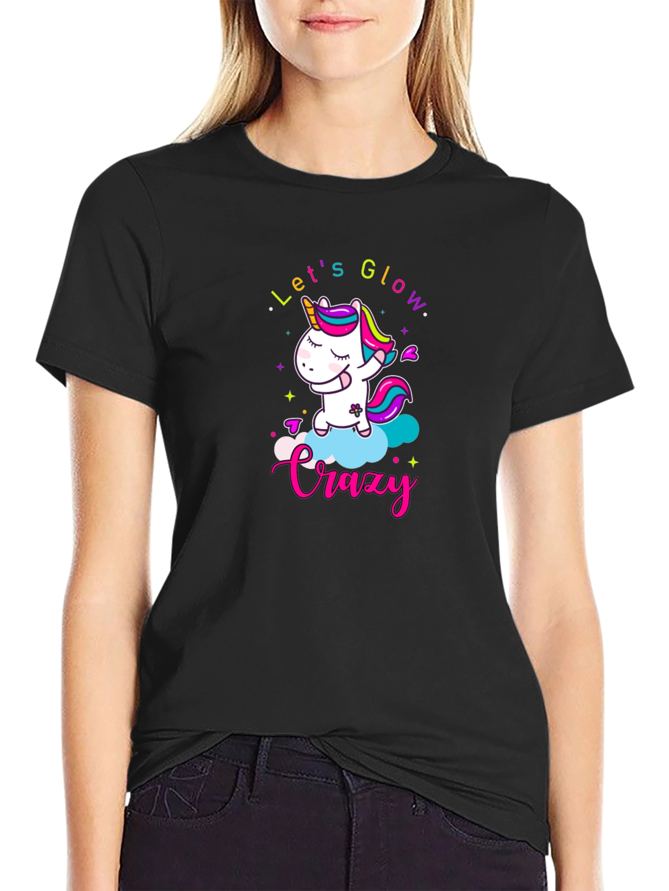 Lets Glow Crazy Unicorn Black T-Shirt