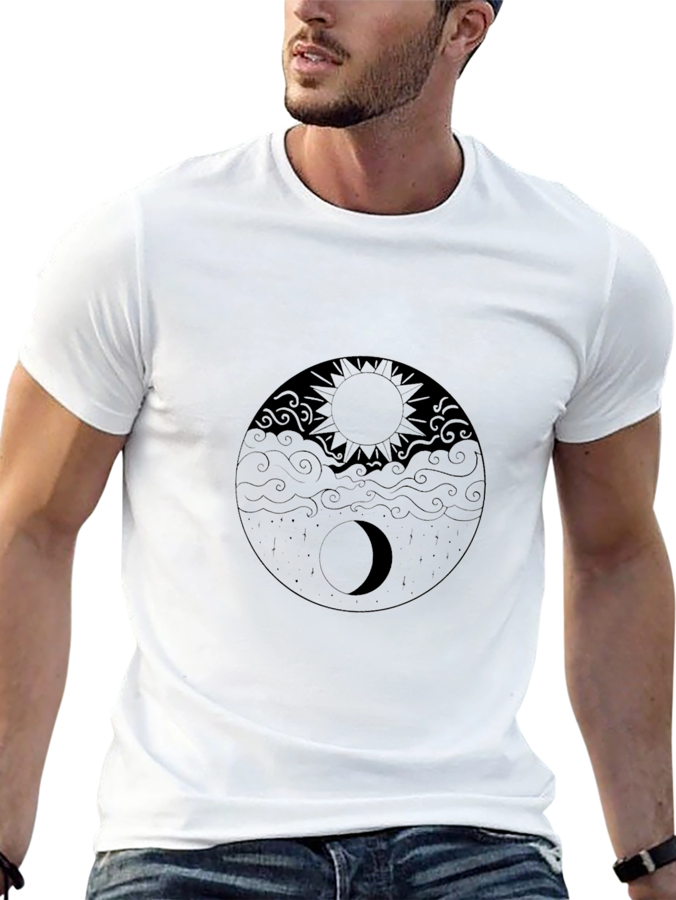 Yin Yang Sun and Moon Graphic Black T-Shirt