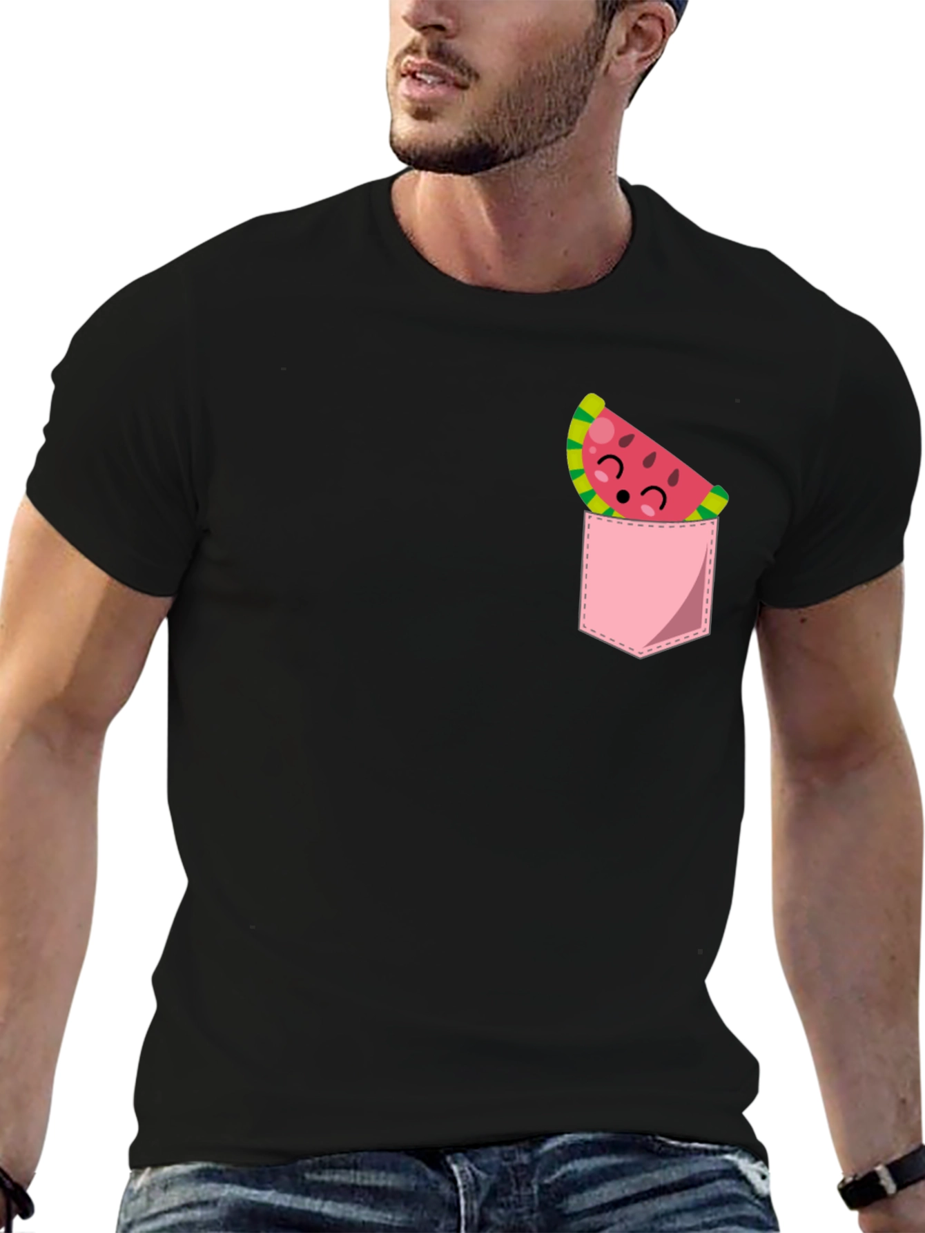 Cute Watermelon Pocket Black T-Shirt
