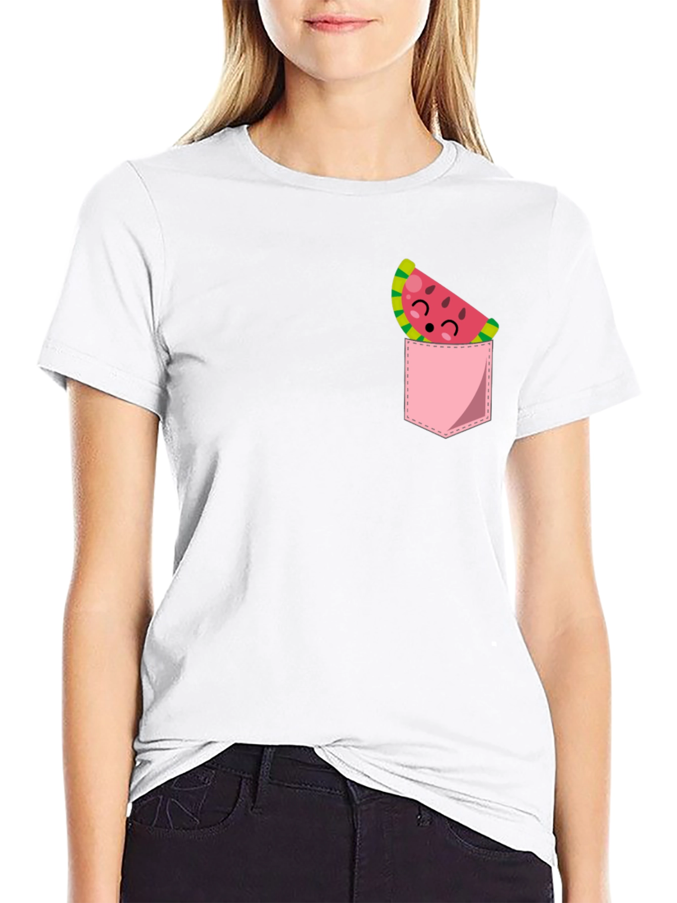 Cute Watermelon Pocket Black T-Shirt