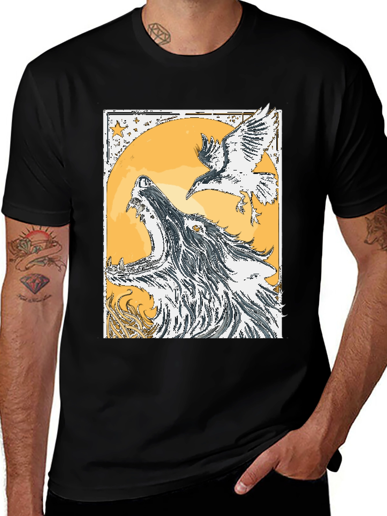 Wolf and Raven Graphic Tee - Black Cotton Blend