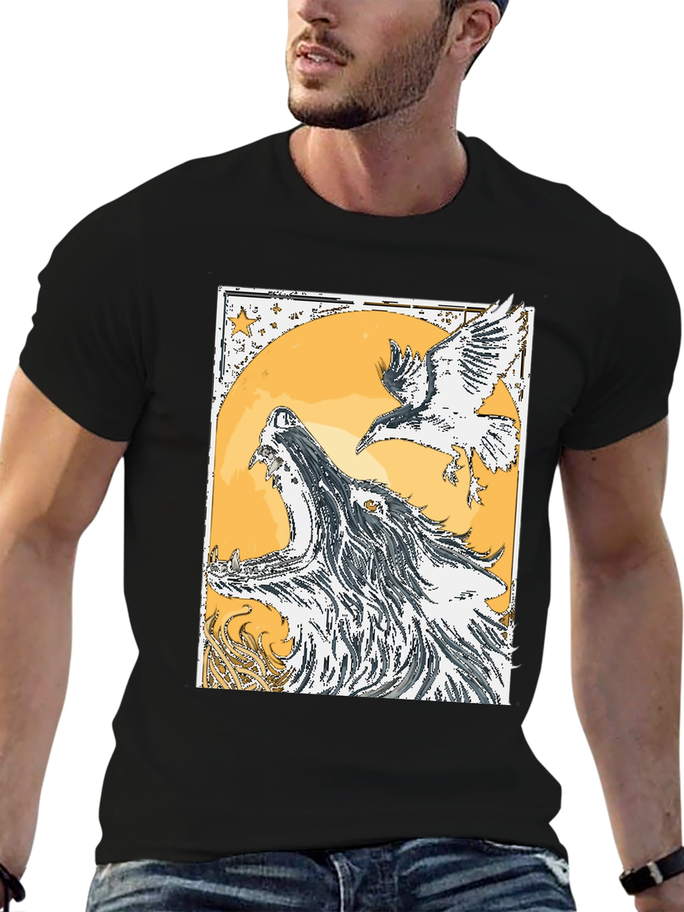Wolf and Raven Graphic Tee - Black Cotton Blend