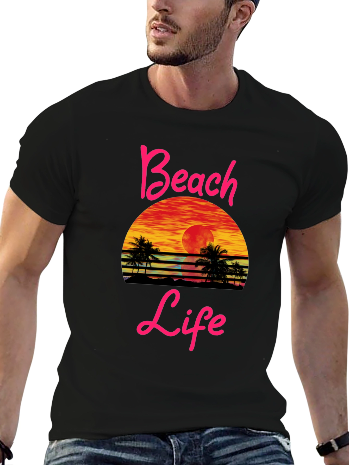 Beach Life Sunset Graphic Tee - Black Cotton T-Shirt