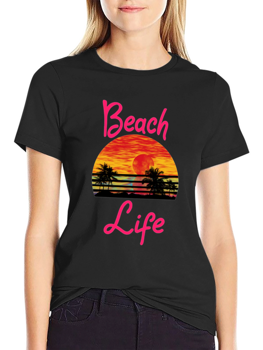 Beach Life Sunset Graphic Tee - Black Cotton T-Shirt