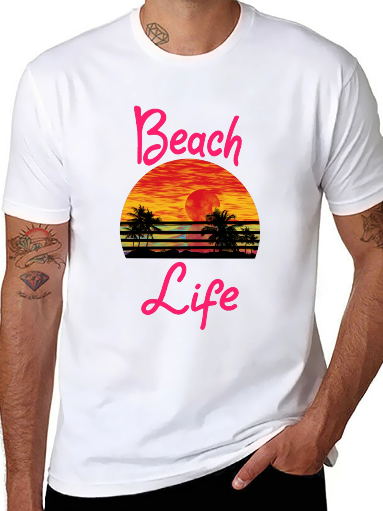 Beach Life Sunset Graphic Tee - Black Cotton T-Shirt