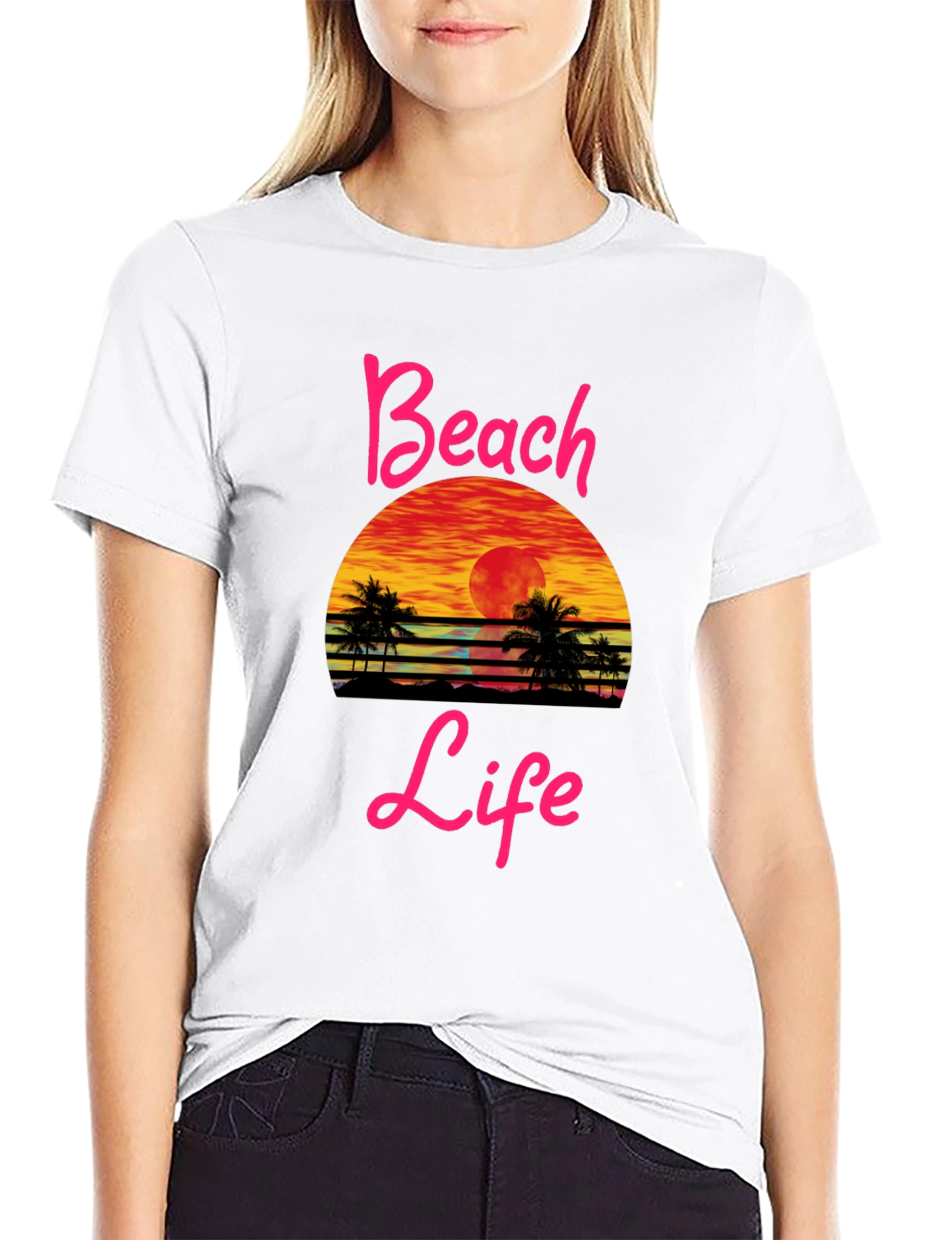 Beach Life Sunset Graphic Tee - Black Cotton T-Shirt