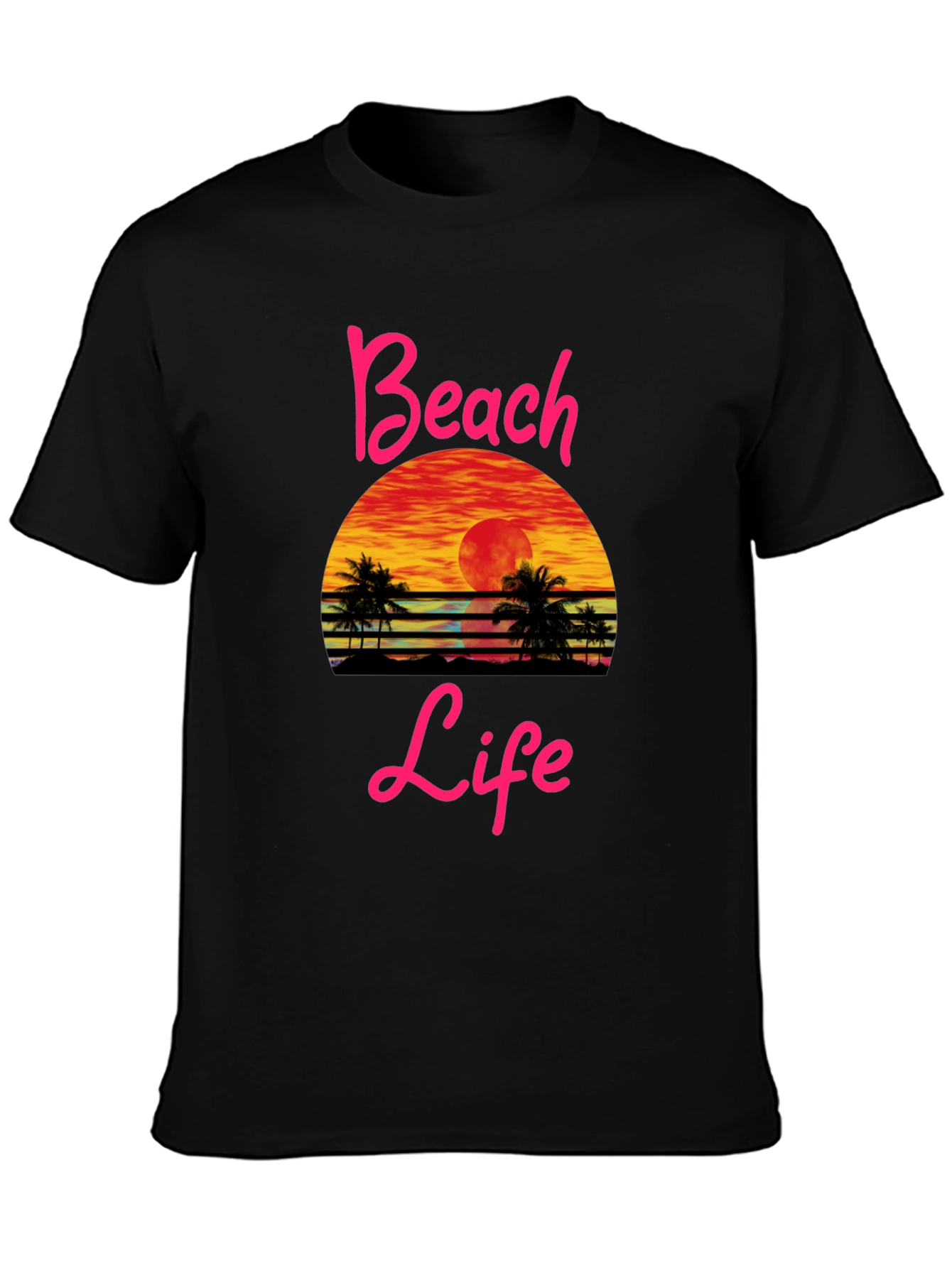 Beach Life Sunset Graphic Tee - Black Cotton T-Shirt