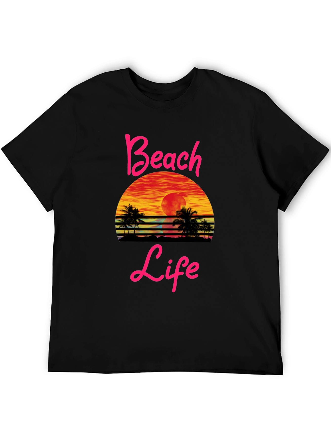 Beach Life Sunset Graphic Tee - Black Cotton T-Shirt