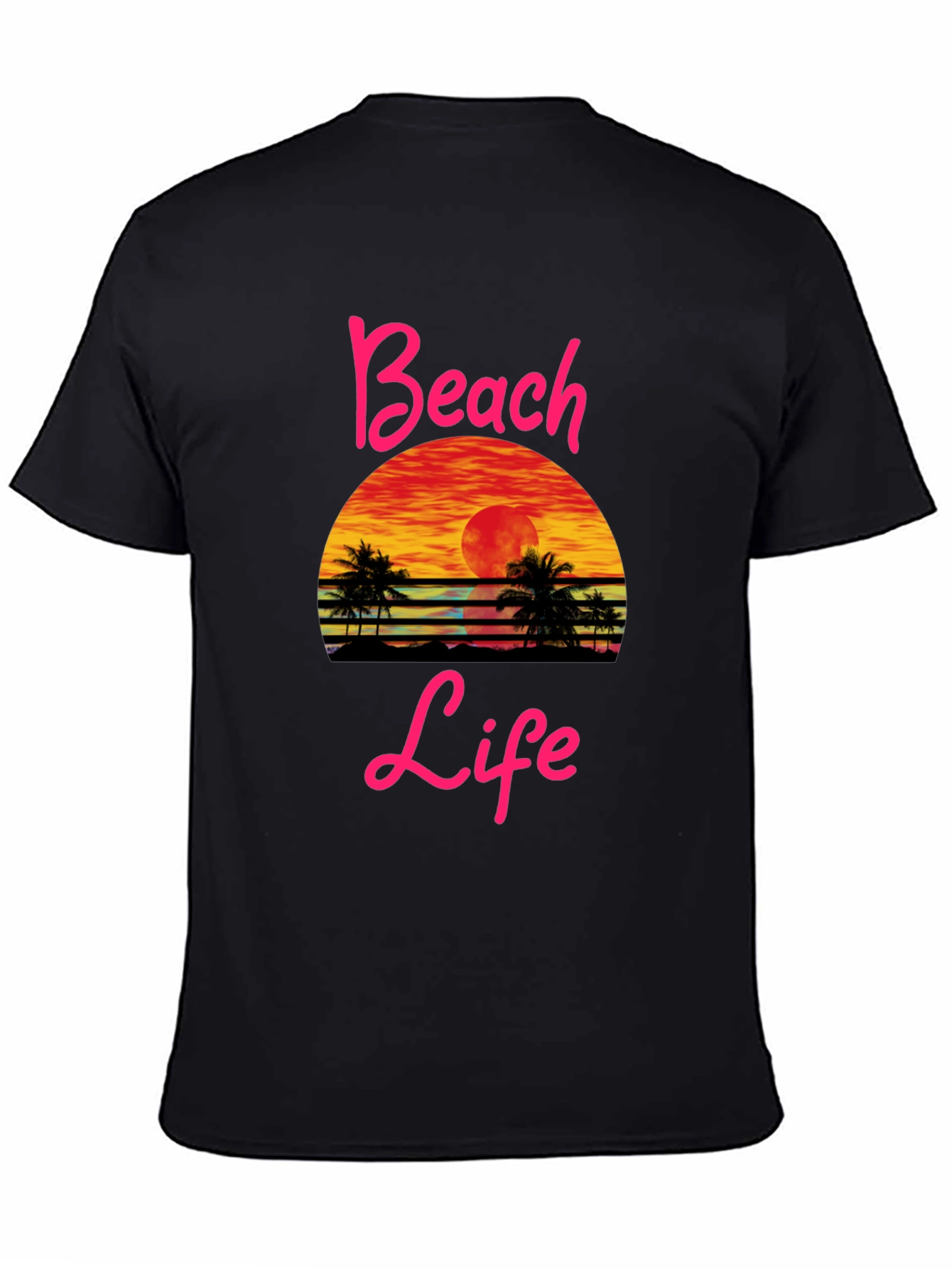 Beach Life Sunset Graphic Tee - Black Cotton T-Shirt