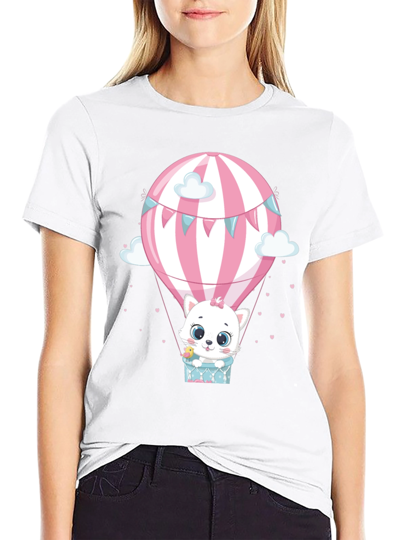 Cute Cat Hot Air Balloon Graphic Tee - Black