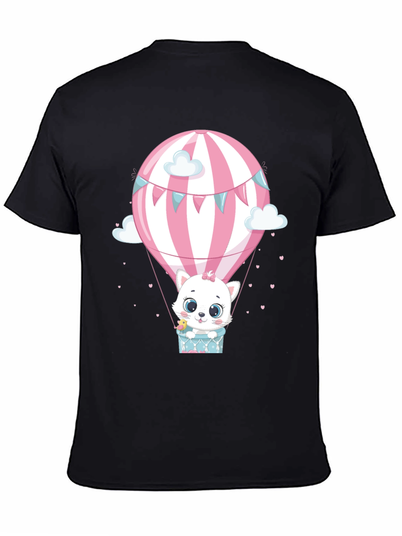 Cute Cat Hot Air Balloon Graphic Tee - Black