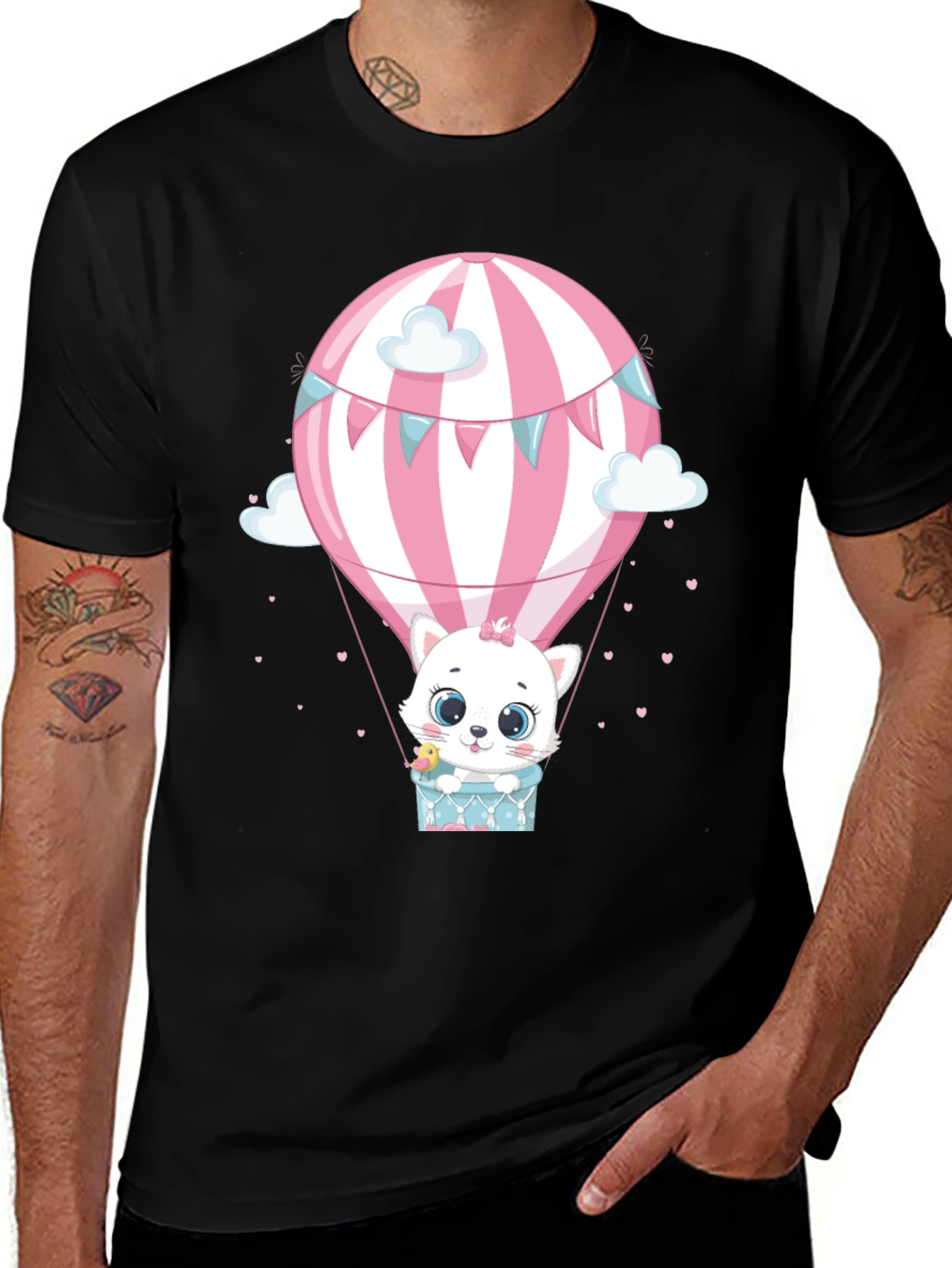 Cute Cat Hot Air Balloon Graphic Tee - Black
