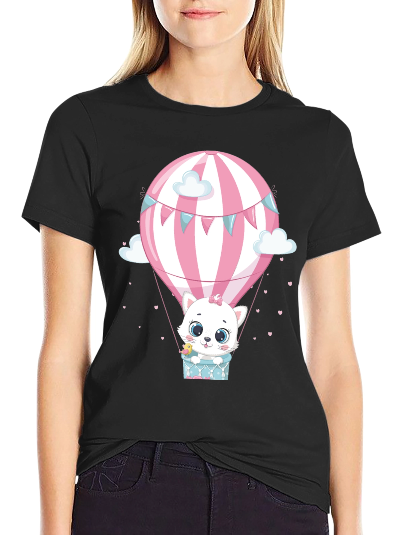 Cute Cat Hot Air Balloon Graphic Tee - Black