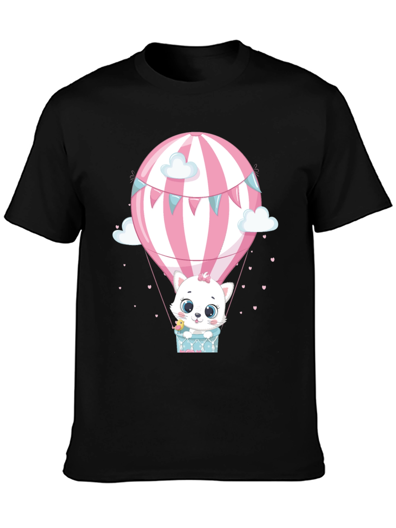 Cute Cat Hot Air Balloon Graphic Tee - Black