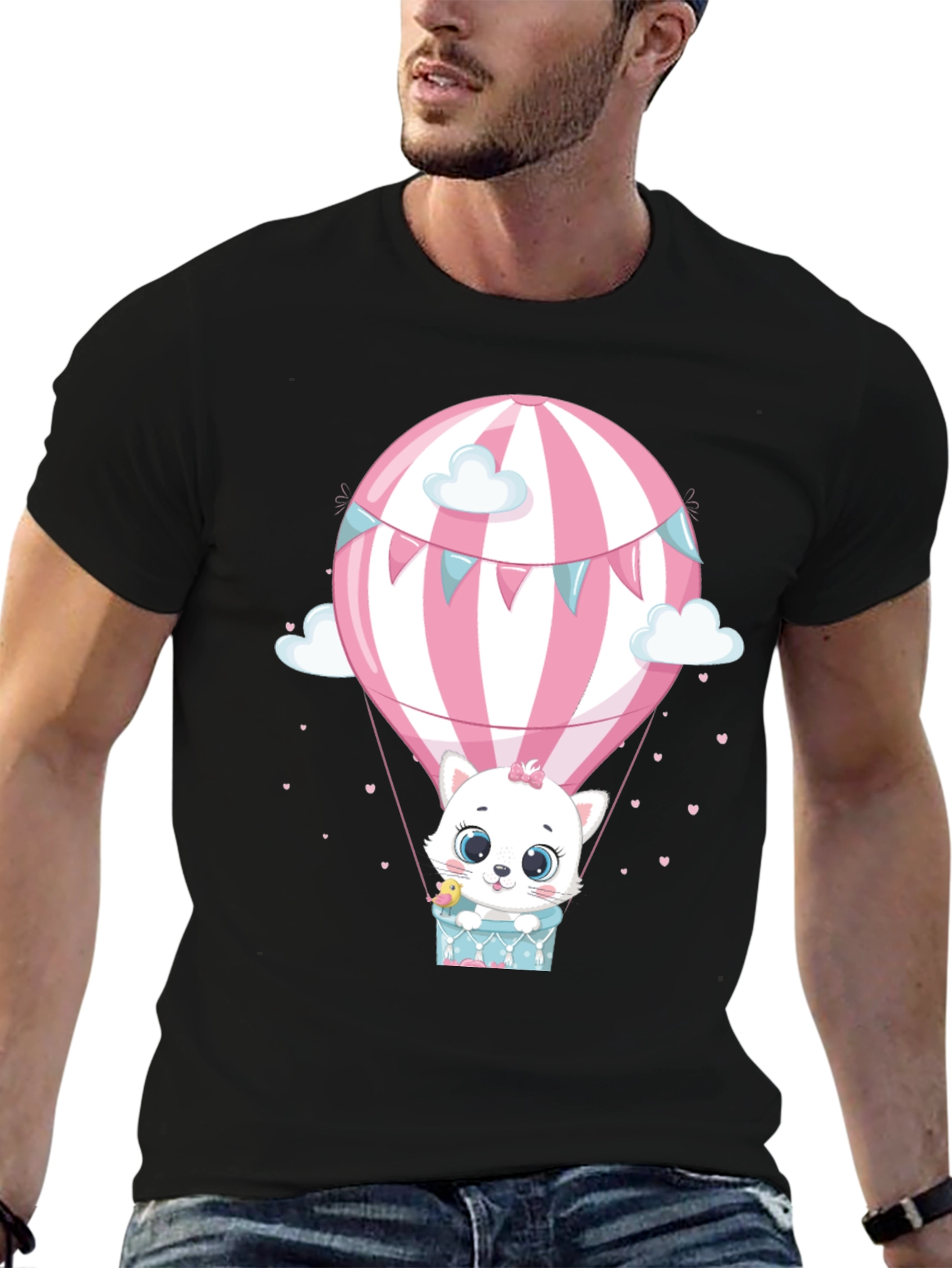 Cute Cat Hot Air Balloon Graphic Tee - Black