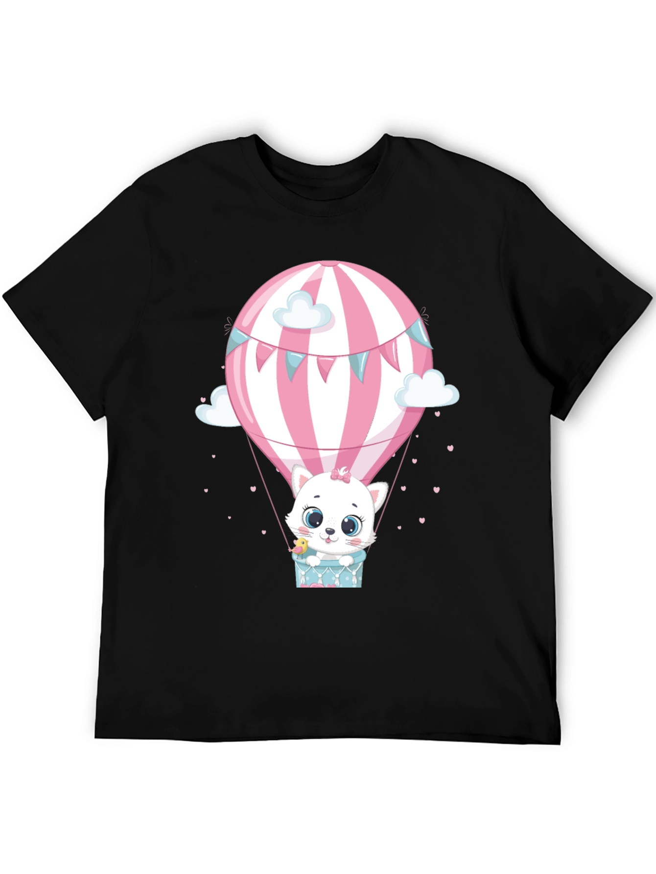 Cute Cat Hot Air Balloon Graphic Tee - Black
