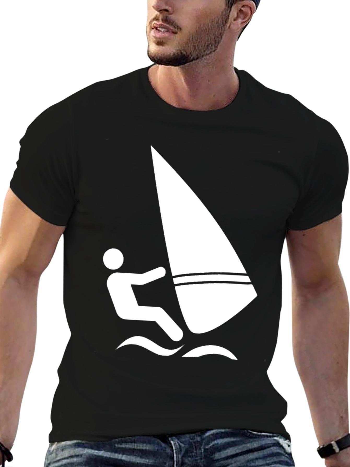 Windsurfing Graphic Tee - Black Cotton T-Shirt