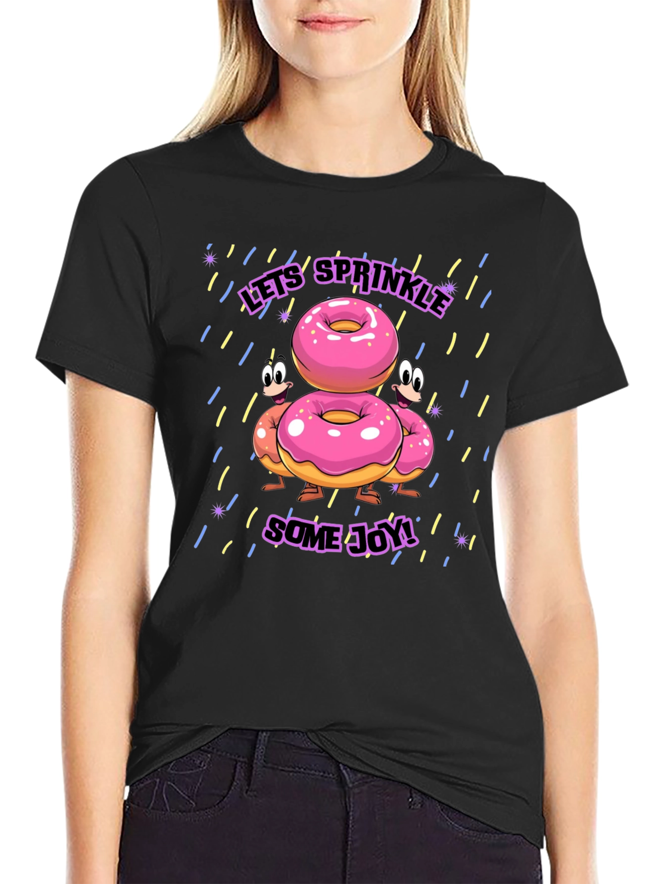 Sprinkle Joy Donut T-Shirt - Black Fun Cartoon Design