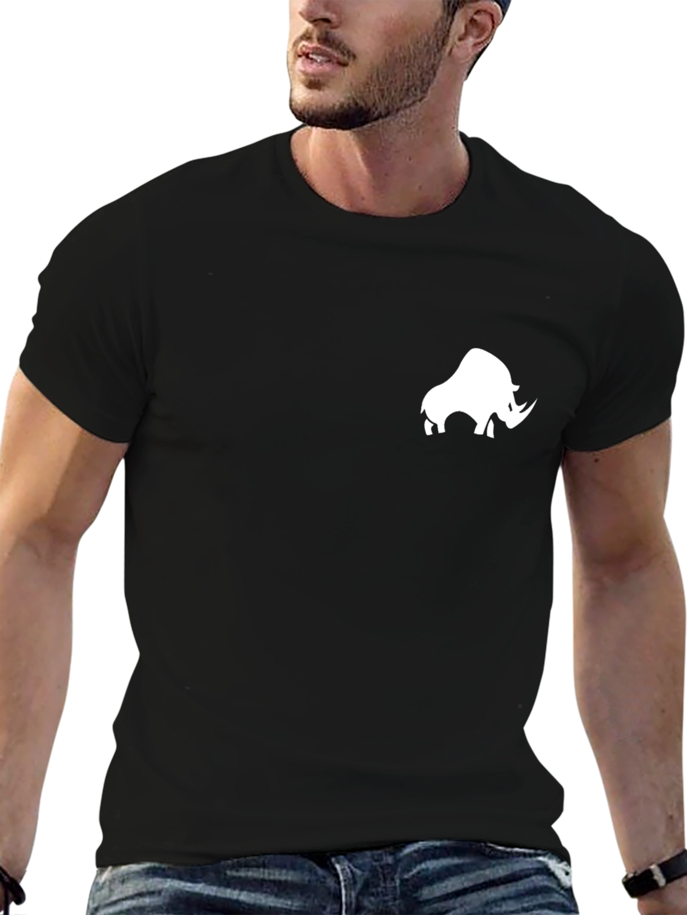Black T-Shirt with White Rhino Design