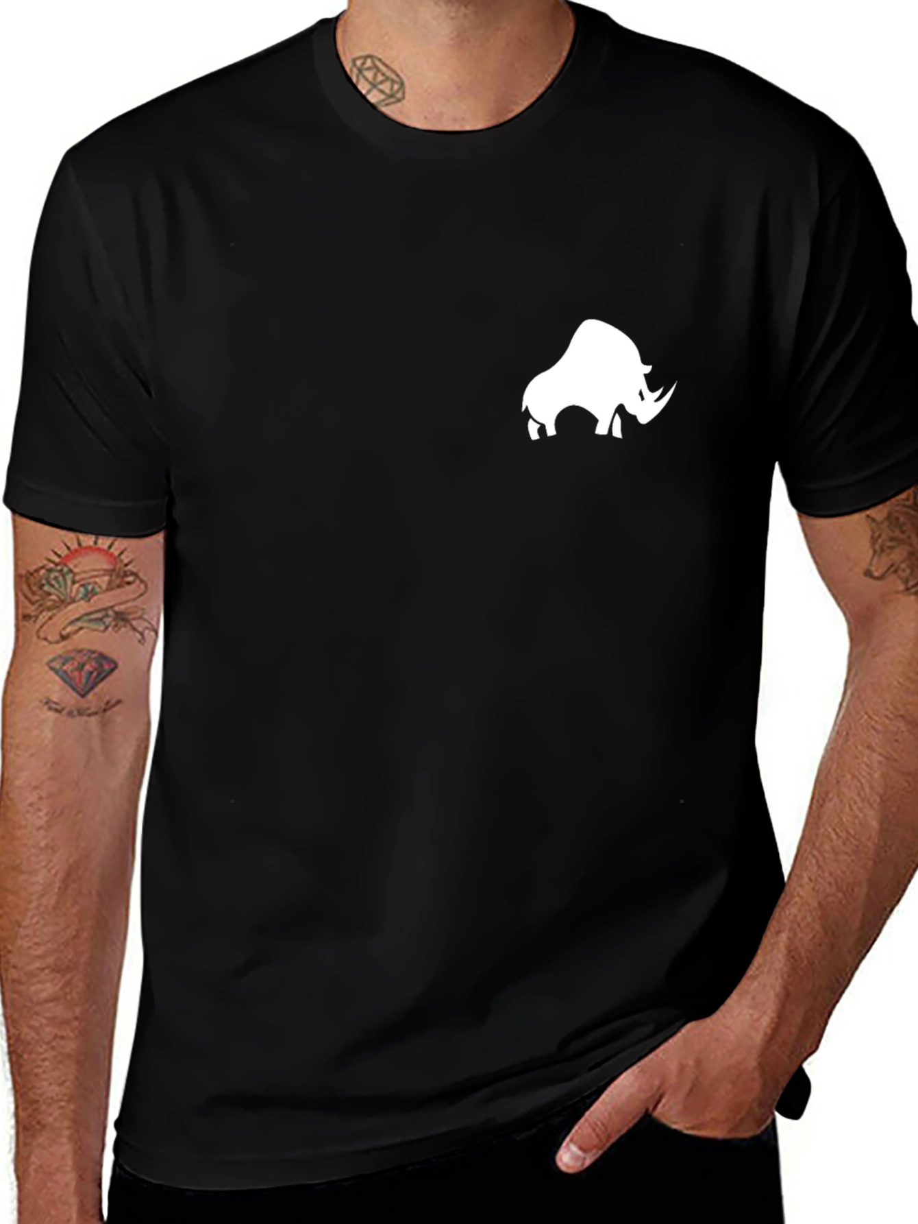 Black T-Shirt with White Rhino Design