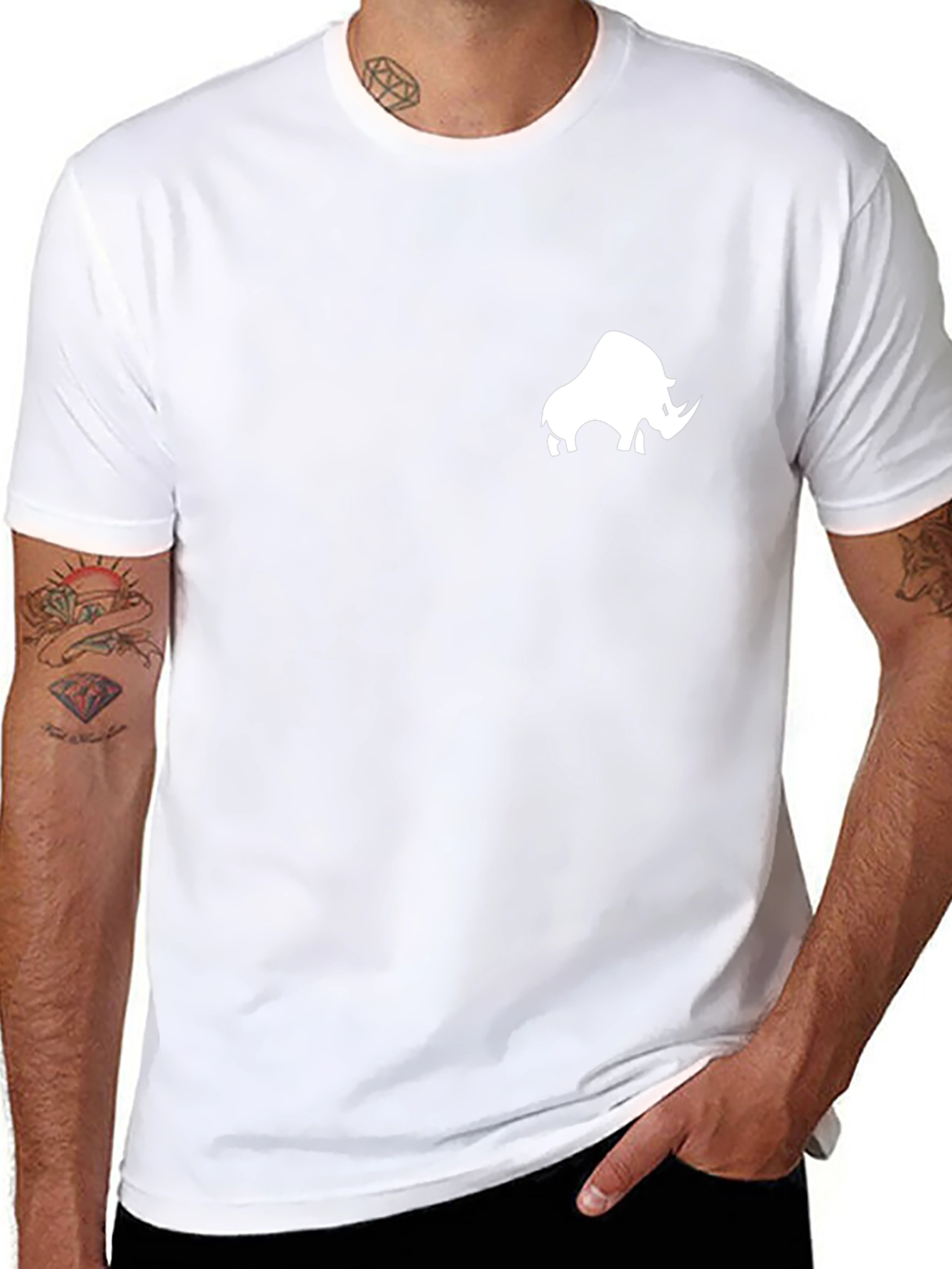 Black T-Shirt with White Rhino Design