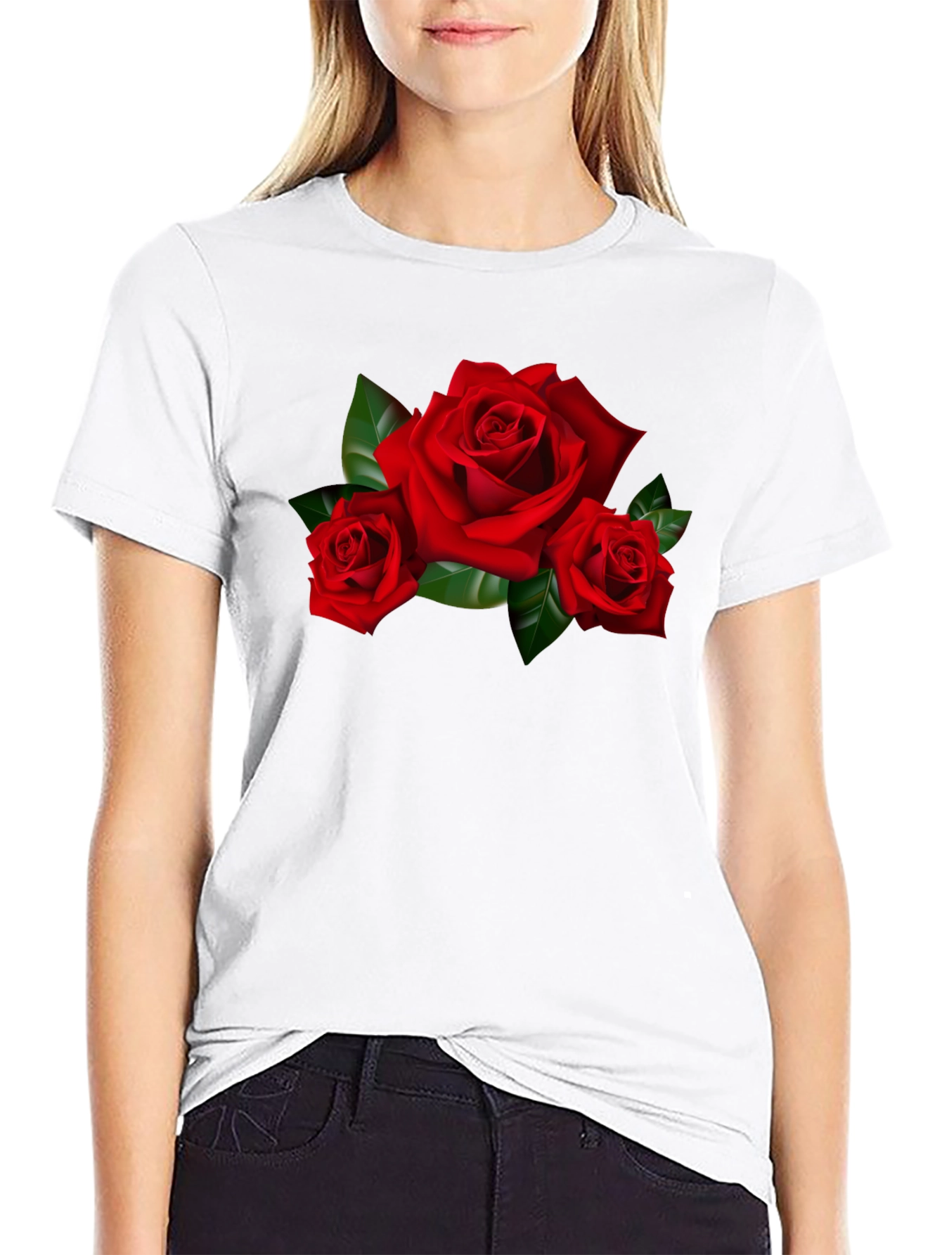 Red Roses Graphic Print Black T-Shirt