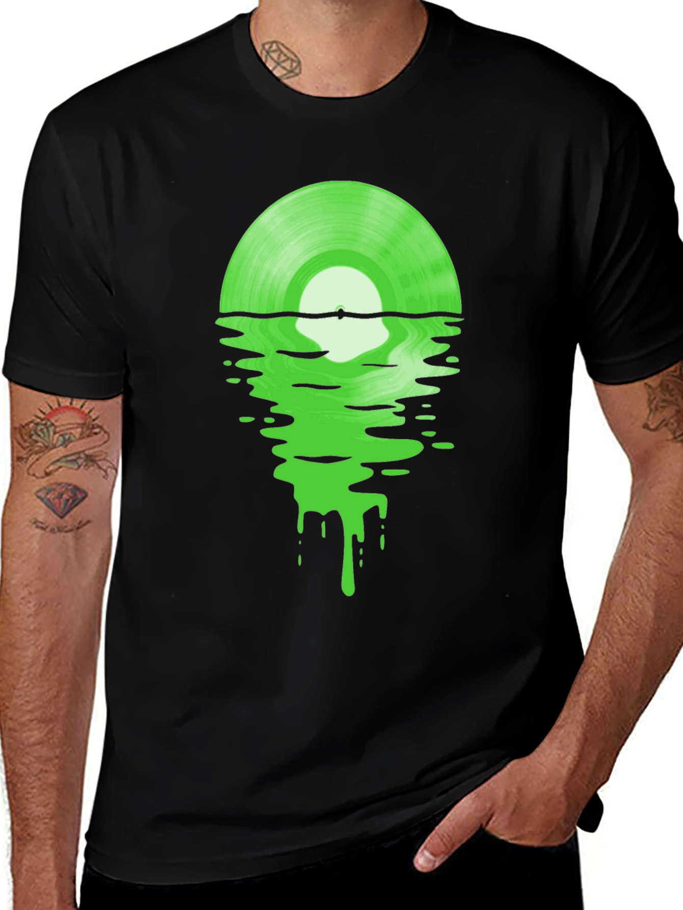 Melting Green Vinyl Record Black T-Shirt