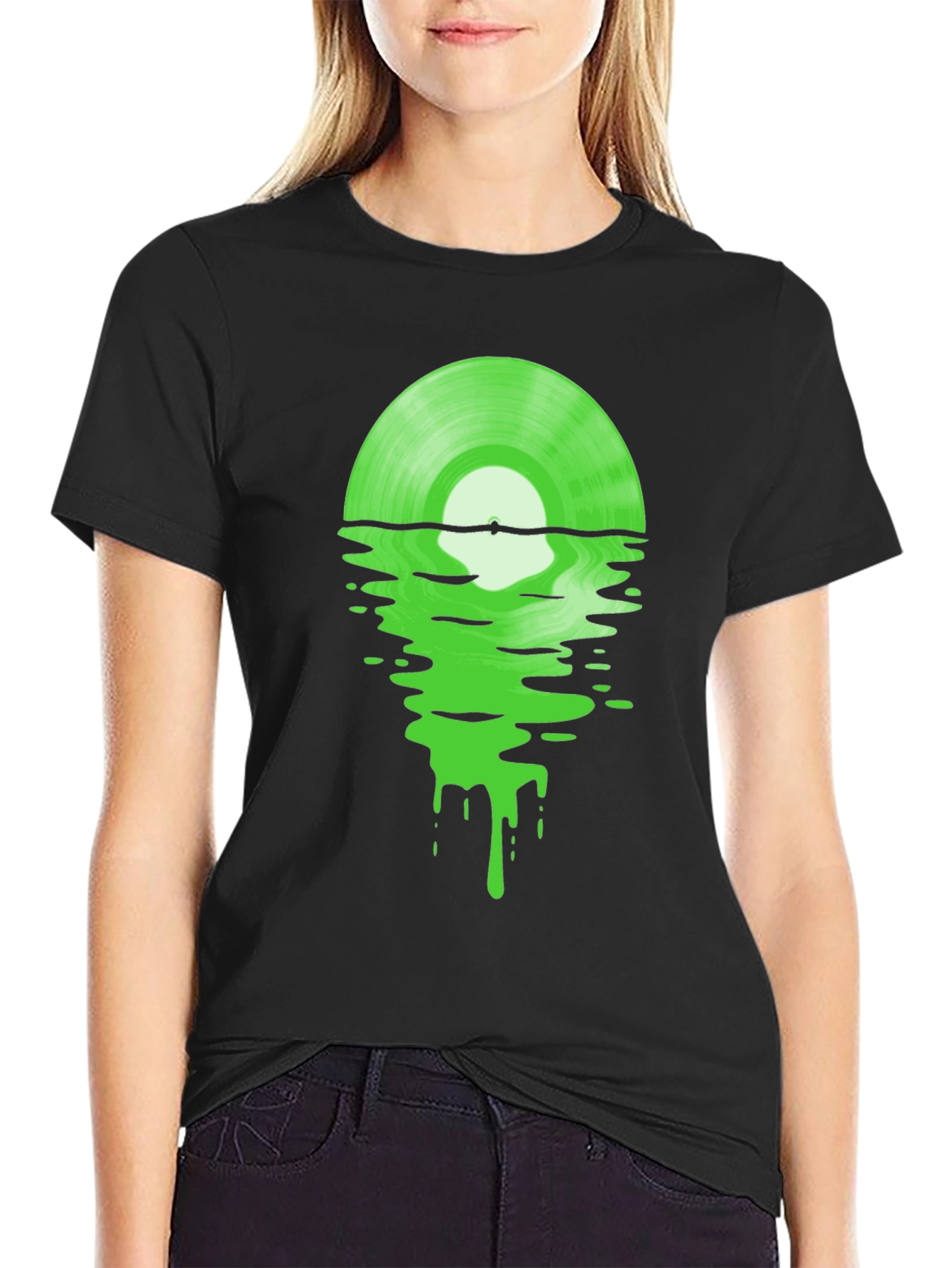 Melting Green Vinyl Record Black T-Shirt