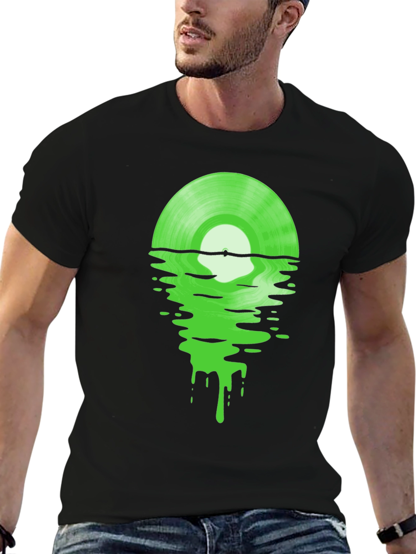 Melting Green Vinyl Record Black T-Shirt