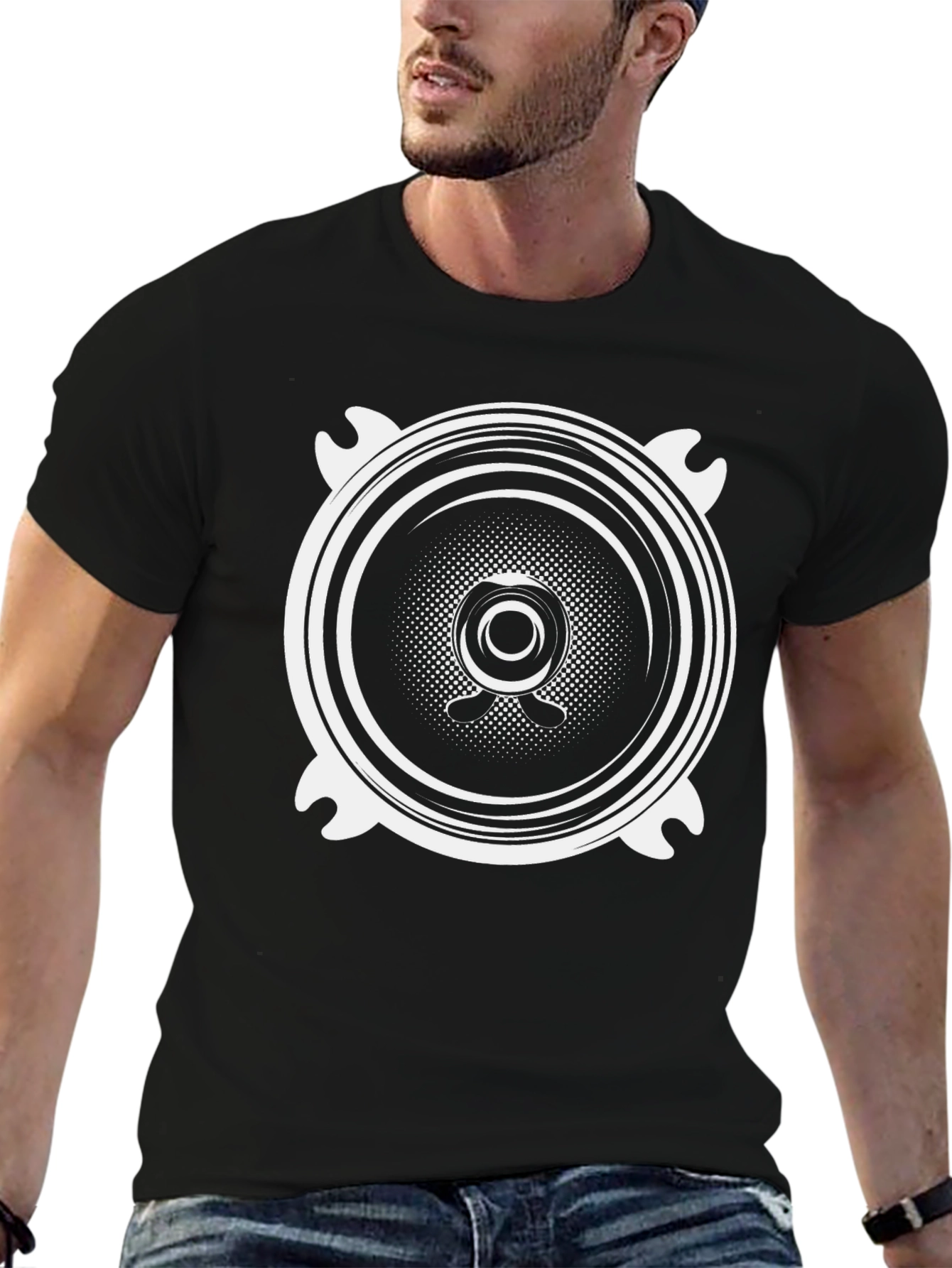 Black T-Shirt with White Speaker Graphic