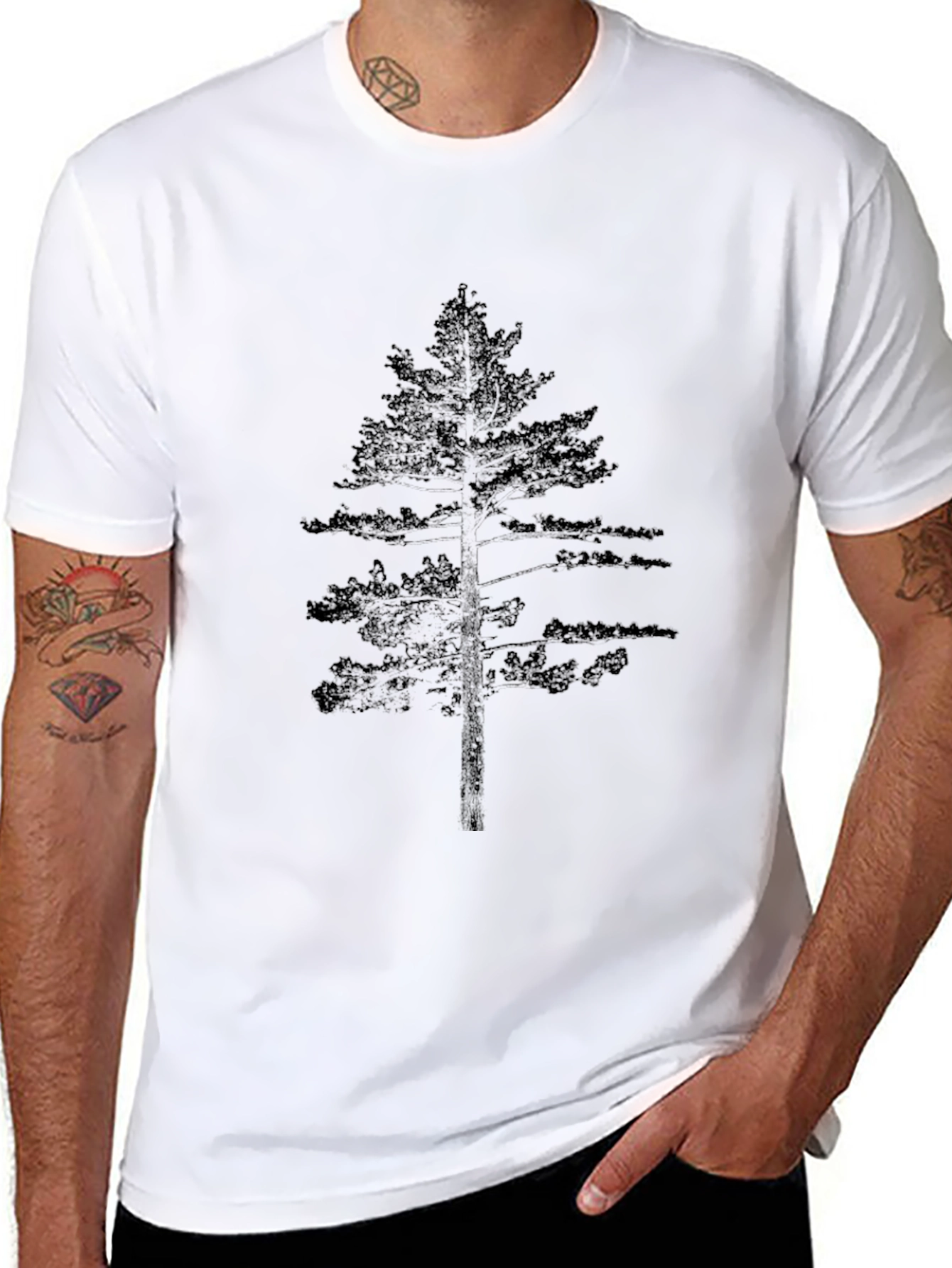 Mens Black T-Shirt with Tree Print