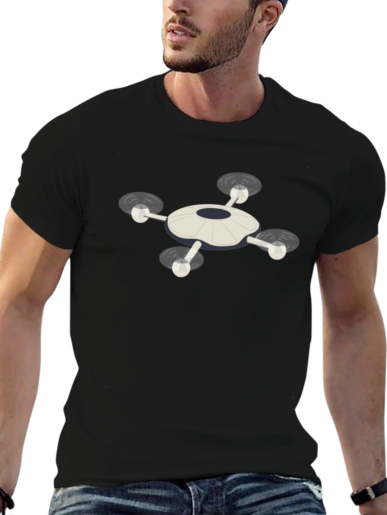 Drone Graphic T-Shirt - Black Crew Neck Tee