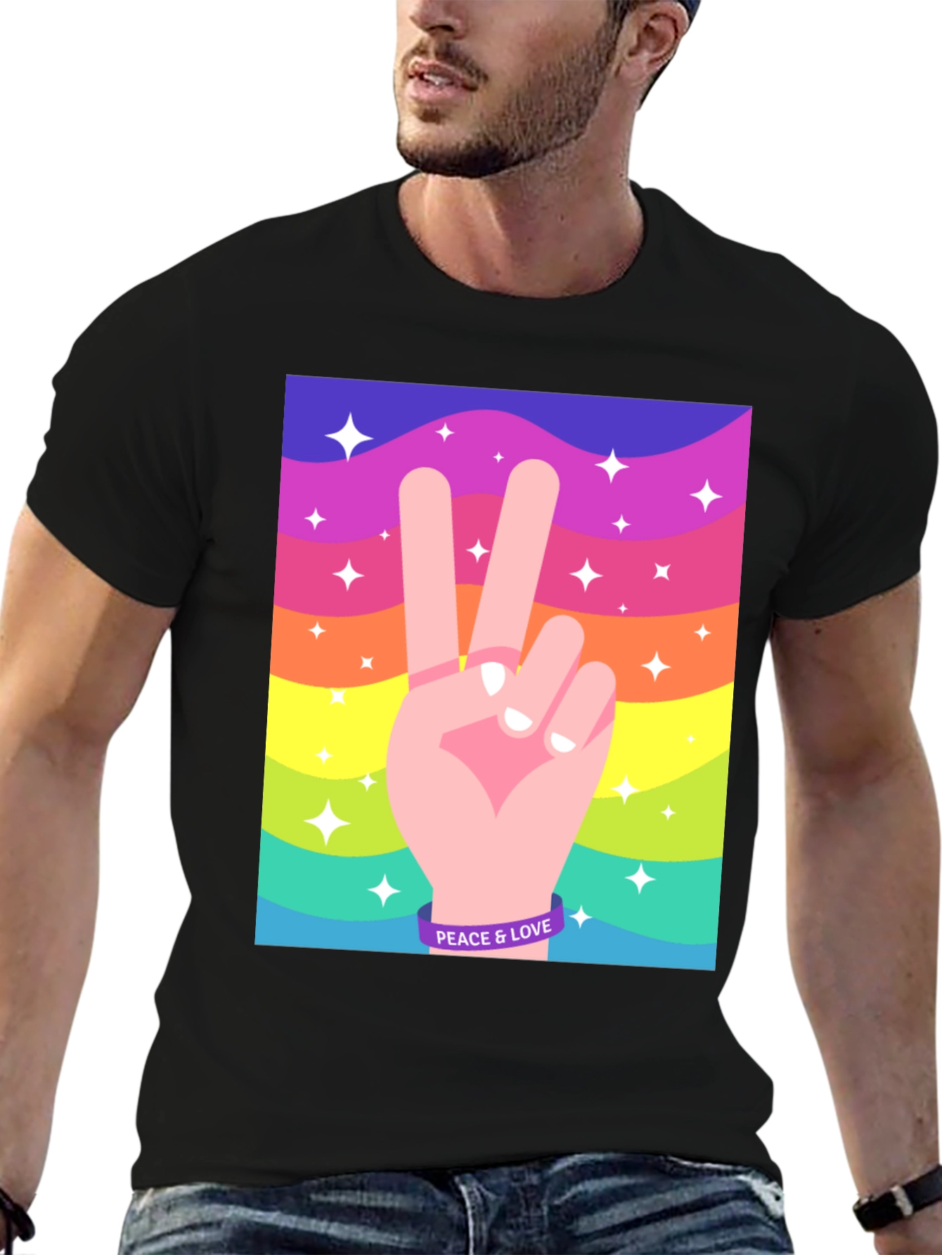 Peace and Love Graphic Tee - Retro Rainbow Design