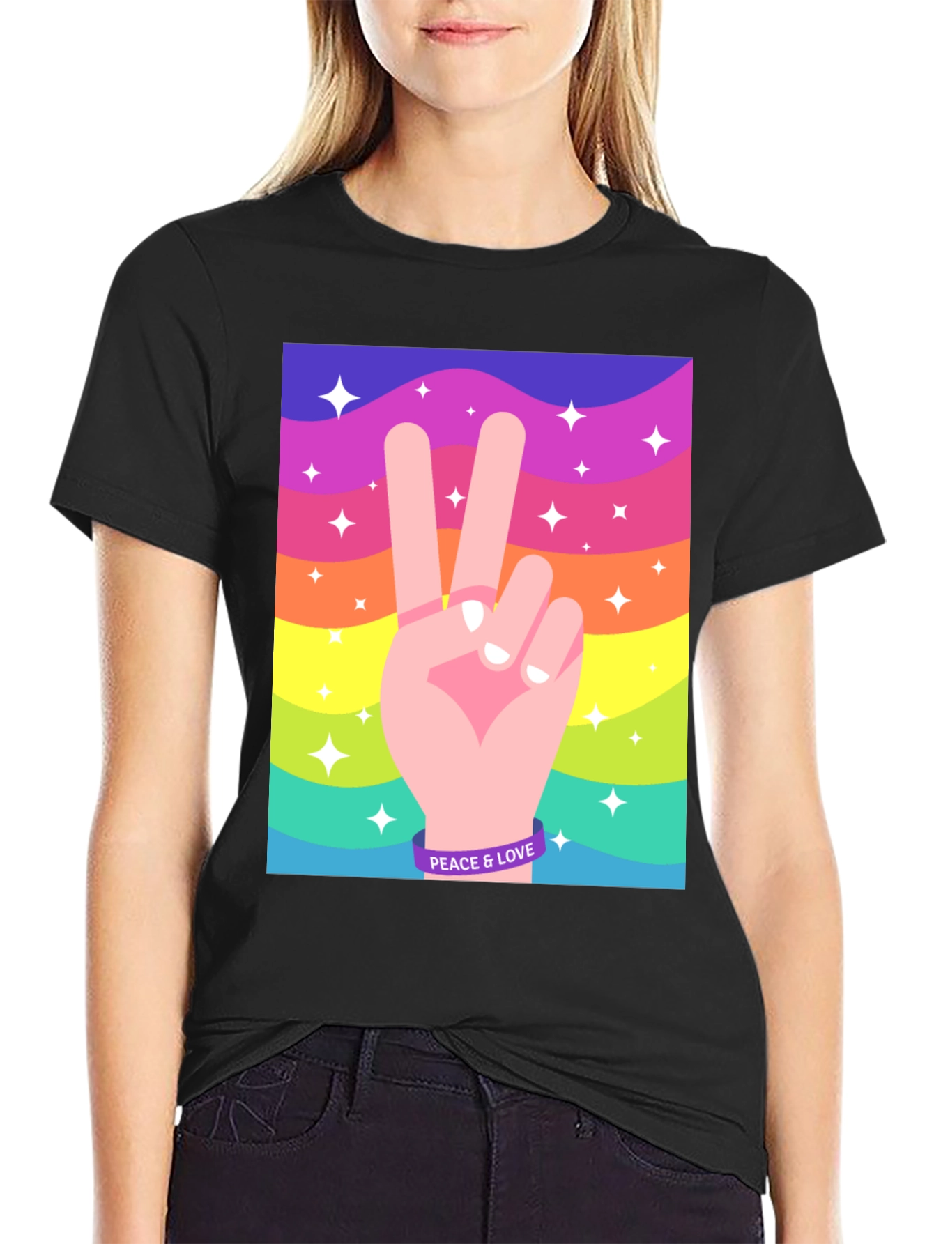 Peace and Love Graphic Tee - Retro Rainbow Design