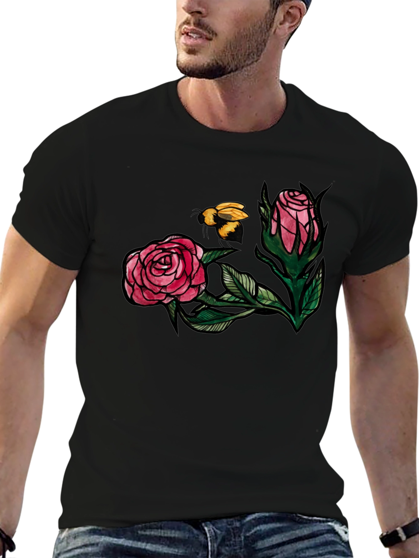 Floral Bee Graphic Tee - Stylish Black T-Shirt