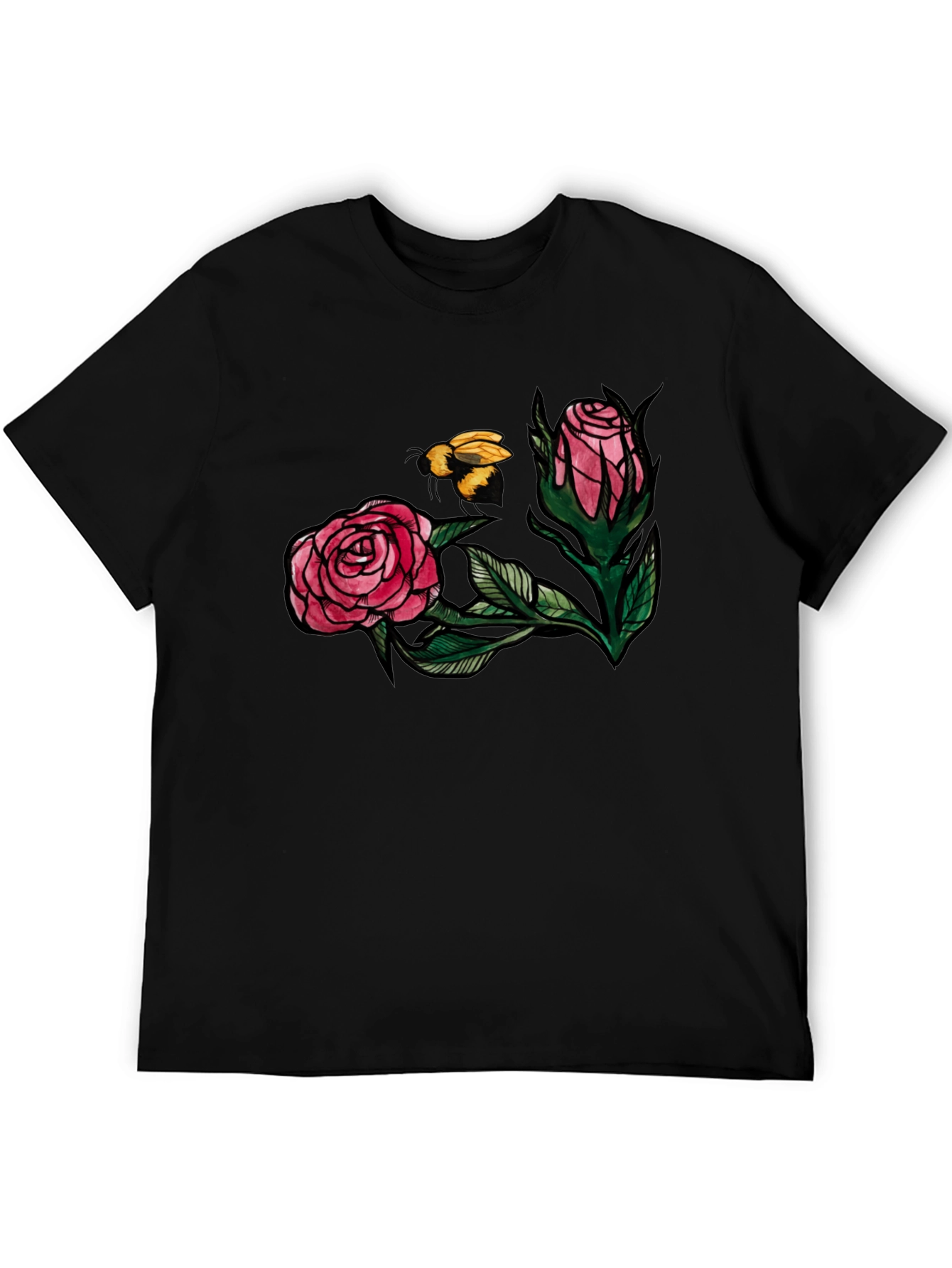 Floral Bee Graphic Tee - Stylish Black T-Shirt