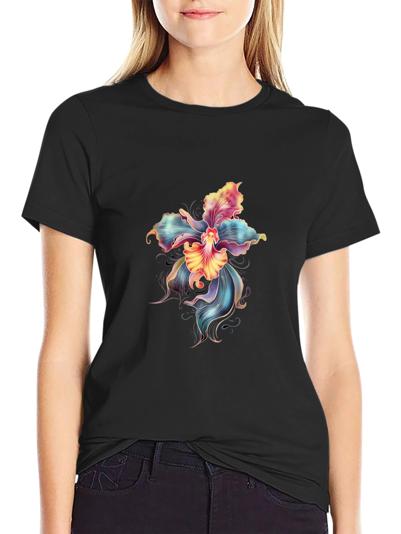 Floral Graphic Print Black T-Shirt
