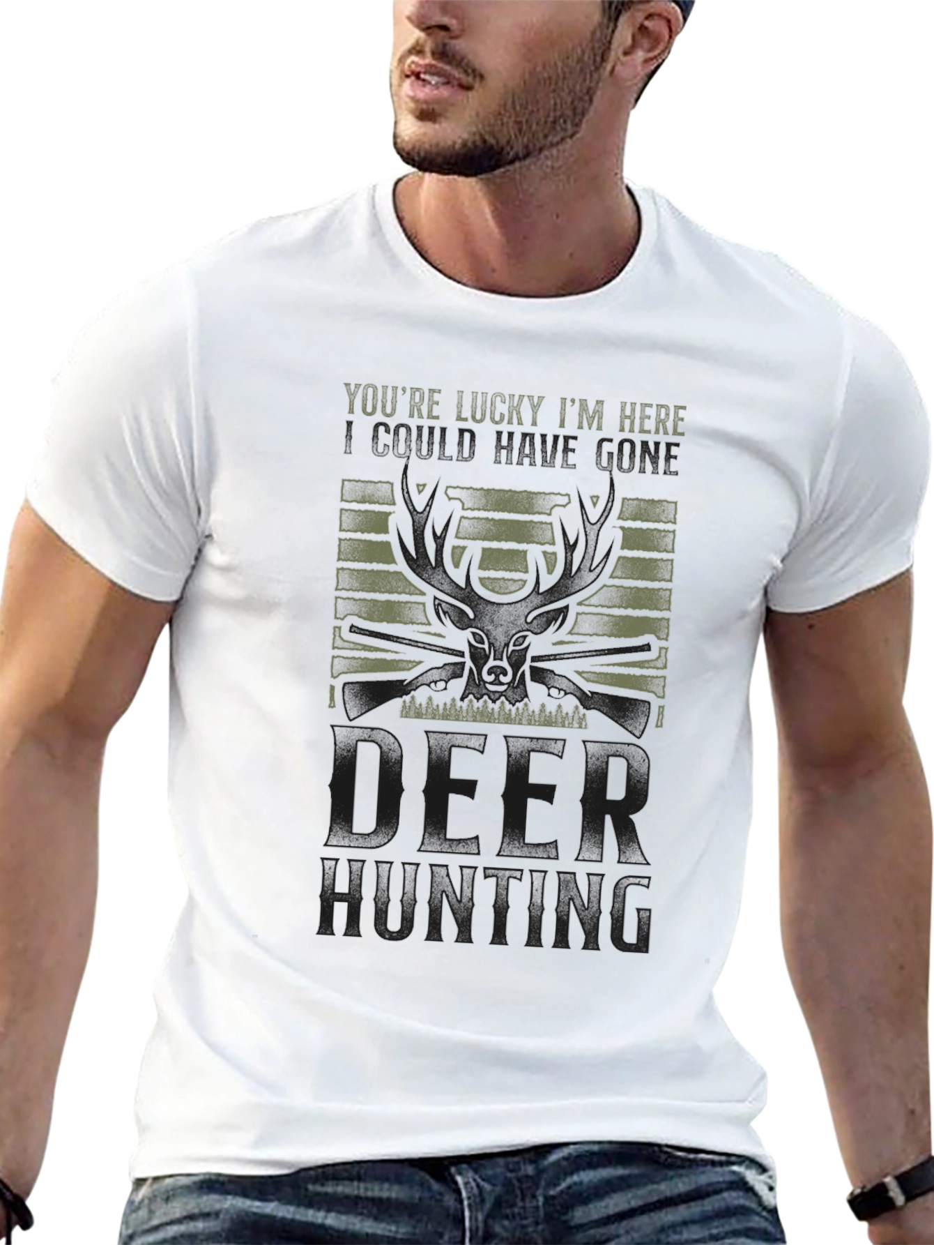 Mens Youre Lucky Im Here Deer Hunting Graphic Tee
