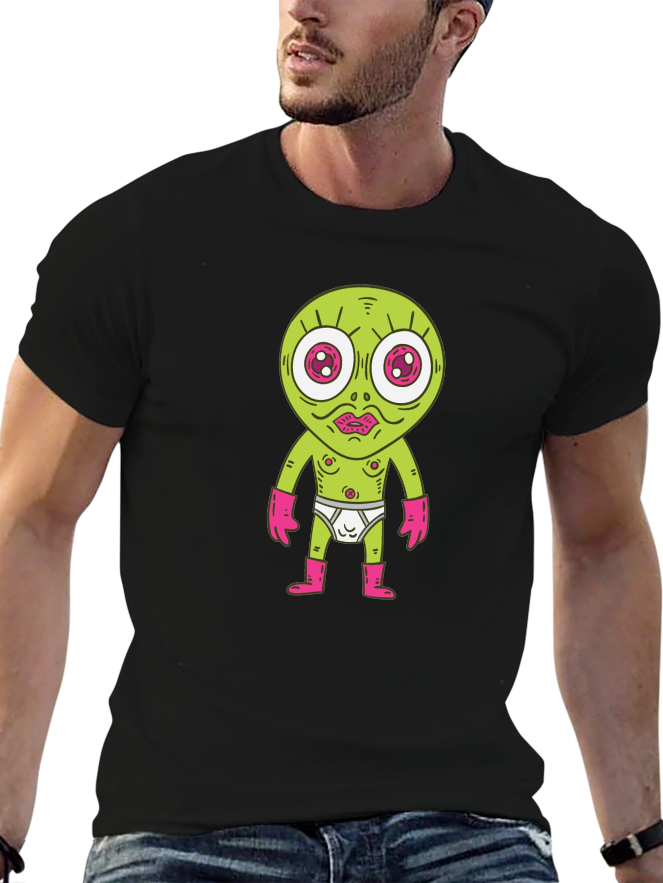 Funny Alien Cartoon Black T-Shirt