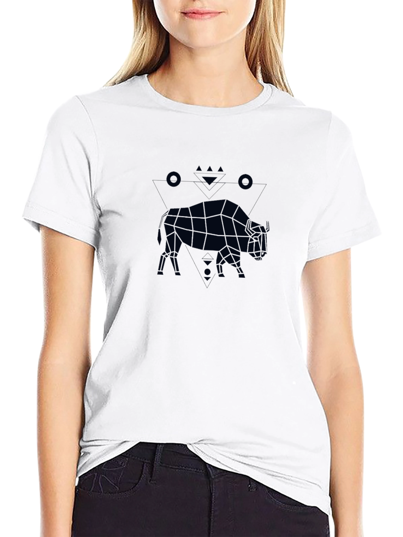 Geometric Bison Graphic Tee - Black