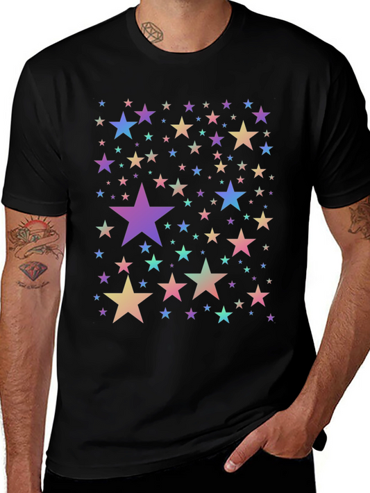 Colorful Star Pattern Black T-Shirt