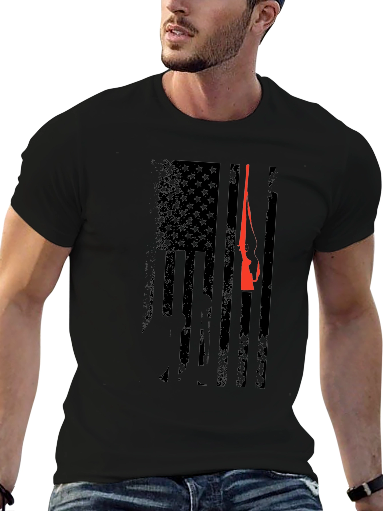 Patriotic Hunting Rifle American Flag Graphic T-Shirt